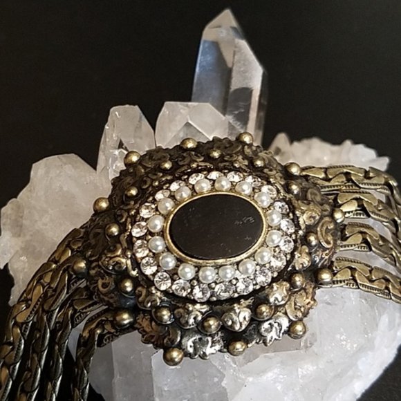 Vintage Victorian Revival Rhinestone Medallion Bracelet - Picture 2 of 6